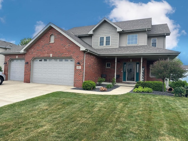445 Spring Park Loop, Bourbonnais, IL 60914 - view of front of home with brick siding, a front lawn, a shingled roof, concrete driveway, and an attached garage