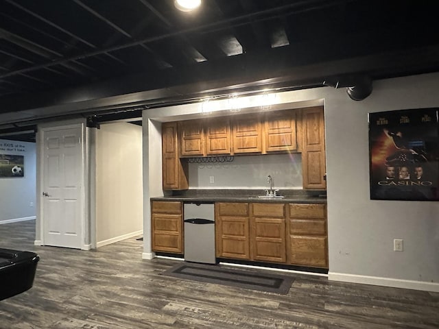 445 Spring Park Loop, Bourbonnais, IL 60914 - indoor wet bar with refrigerator, dark wood finished floors, and baseboards