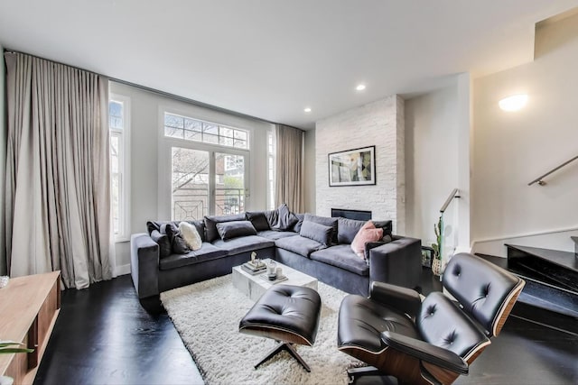 335 E Cullerton St, Chicago, IL 60616 - living area with a fireplace, recessed lighting, dark wood-type flooring, and stairway