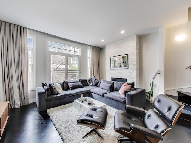335 E Cullerton St, Chicago, IL 60616 - living room with a fireplace, dark wood-type flooring, and recessed lighting