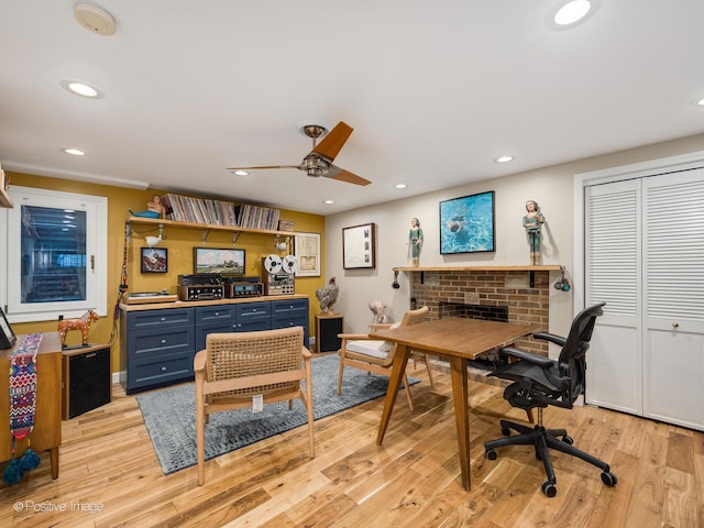 411 Linden Ave, Oak Park, IL 60302 - office space with a ceiling fan, recessed lighting, light wood finished floors, and a brick fireplace