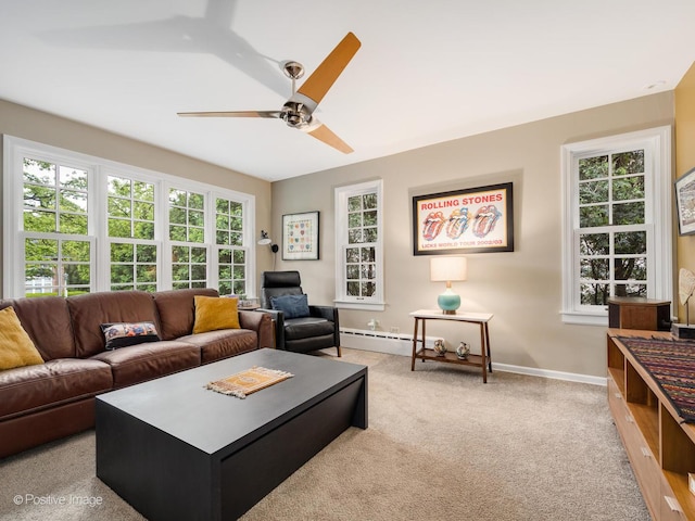 411 Linden Ave, Oak Park, IL 60302 - living room featuring baseboard heating, baseboards, carpet, and ceiling fan