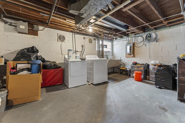 7843 S Yates Blvd, Chicago, IL 60649 - unfinished basement featuring washer and clothes dryer, electric panel, and a sink