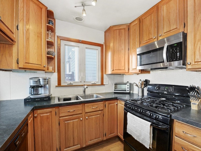 3405 N Osage Ave, Chicago, IL 60634 - kitchen featuring black appliances, a sink, open shelves, and dark countertops