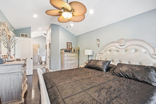 1 Churchill Ct, South Elgin, IL 60177 - bedroom featuring dark wood-style flooring, lofted ceiling, a ceiling fan, ensuite bath, and recessed lighting