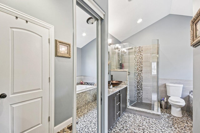 1 Churchill Ct, South Elgin, IL 60177 - full bathroom with vaulted ceiling, toilet, a bath, a stall shower, and vanity