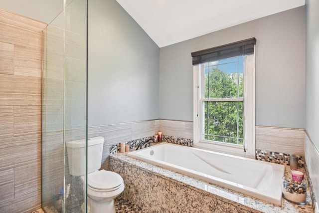 1 Churchill Ct, South Elgin, IL 60177 - full bathroom with healthy amount of natural light, toilet, a garden tub, tile walls, and lofted ceiling
