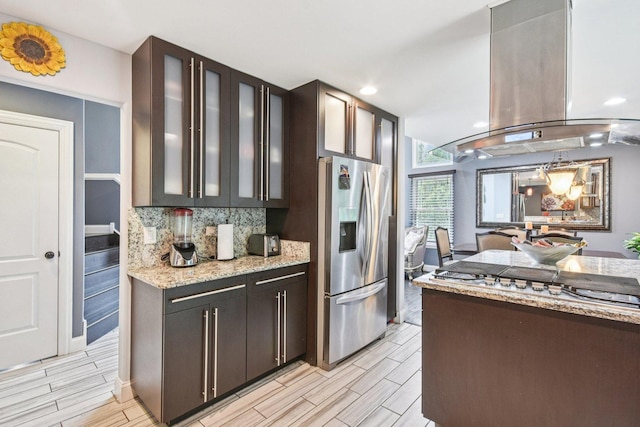 1 Churchill Ct, South Elgin, IL 60177 - kitchen with appliances with stainless steel finishes, island exhaust hood, wood tiled floors, glass insert cabinets, and recessed lighting