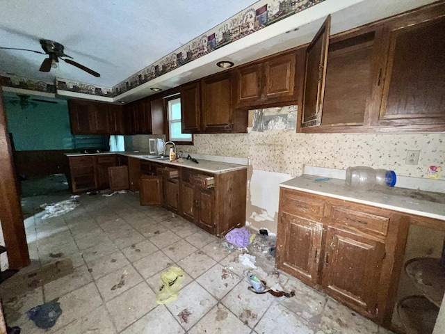 103 W 2nd St, Broadlands, IL 61816 - kitchen with ceiling fan, light countertops, a sink, and dark brown cabinetry