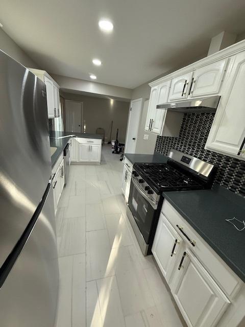 2030 University Dr, Naperville, IL 60565 - kitchen with stainless steel appliances, dark countertops, tasteful backsplash, white cabinets, and recessed lighting
