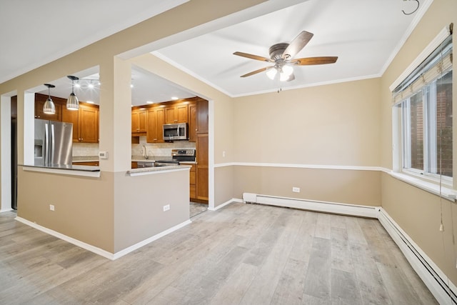2443 E Brandenberry Ct Unit 1B, Arlington Heights, IL 60004 - kitchen featuring stainless steel appliances, backsplash, light wood-style floors, a baseboard heating unit, and a ceiling fan