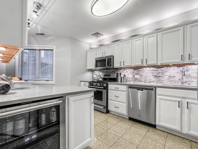2736 N Hampden Ct Unit 105, Chicago, IL 60614 - kitchen featuring appliances with stainless steel finishes, beverage cooler, decorative backsplash, and a sink