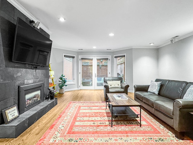 2736 N Hampden Ct Unit 105, Chicago, IL 60614 - living room with crown molding, wood finished floors, a fireplace, recessed lighting, and baseboards