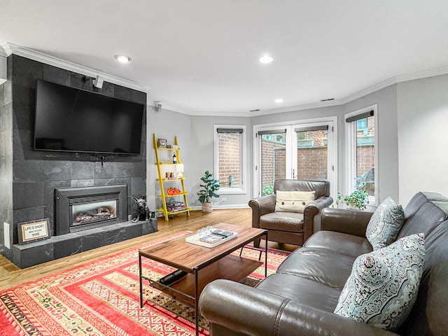 2736 N Hampden Ct Unit 105, Chicago, IL 60614 - living area featuring ornamental molding, wood finished floors, a tile fireplace, recessed lighting, and baseboards