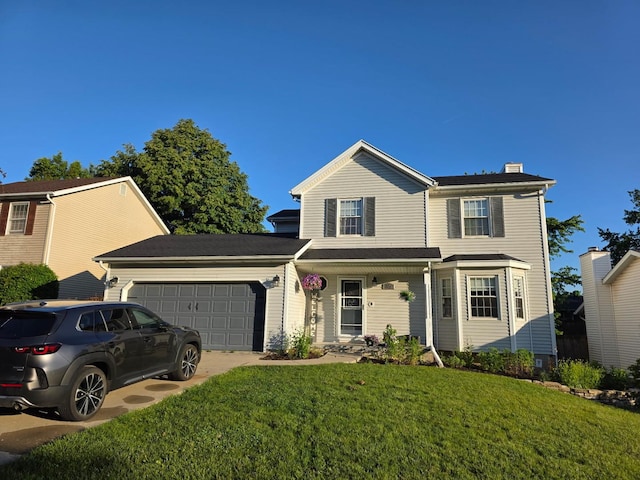 35 Edgewood Ct, Bloomington, IL 61701 - traditional-style home with an attached garage, a front yard, concrete driveway, and a chimney