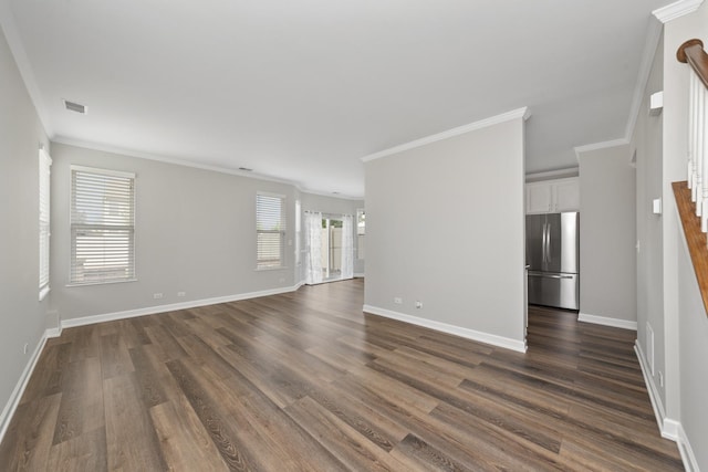 2911 Boone Ct, Joliet, IL 60435 - unfurnished living room with stairway, crown molding, dark wood finished floors, and baseboards