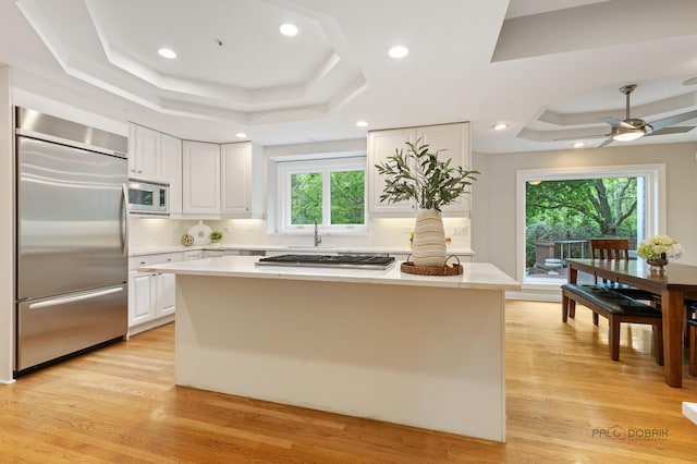 5272 Pineham Ct, Long Grove, IL 60047 - kitchen featuring built in appliances, a raised ceiling, a center island, white cabinetry, and recessed lighting