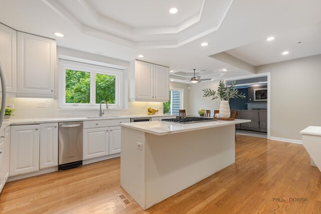 5272 Pineham Ct, Long Grove, IL 60047 - kitchen featuring a sink, a raised ceiling, stainless steel appliances, white cabinets, and backsplash