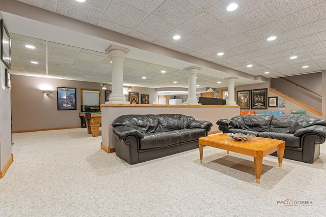 5272 Pineham Ct, Long Grove, IL 60047 - living area featuring ornate columns, carpet floors, baseboards, and recessed lighting