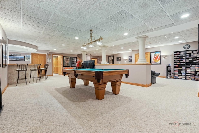5272 Pineham Ct, Long Grove, IL 60047 - game room with ornate columns, carpet flooring, billiards, baseboards, and recessed lighting