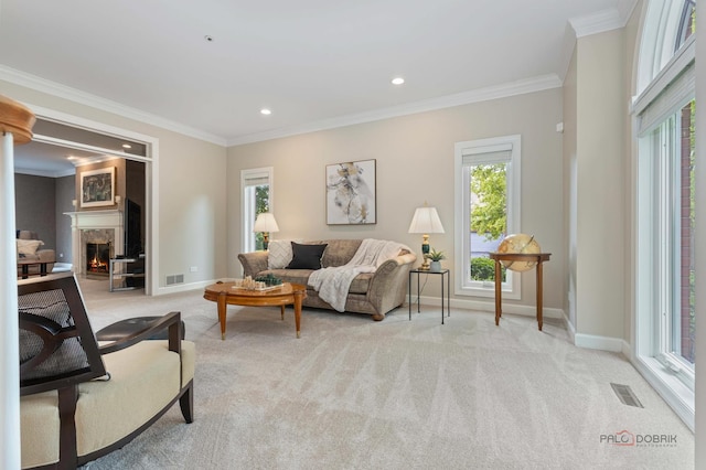 5272 Pineham Ct, Long Grove, IL 60047 - living area with light carpet, baseboards, a lit fireplace, crown molding, and recessed lighting