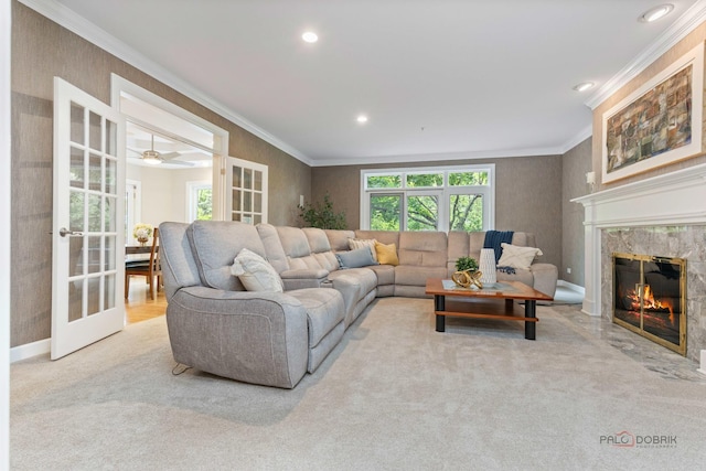 5272 Pineham Ct, Long Grove, IL 60047 - carpeted living area with ornamental molding, a fireplace, and recessed lighting