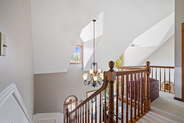 8340 W Monee Manhattan Rd, Monee, IL 60449 - stairway featuring a chandelier, carpet floors, high vaulted ceiling, and a ceiling fan