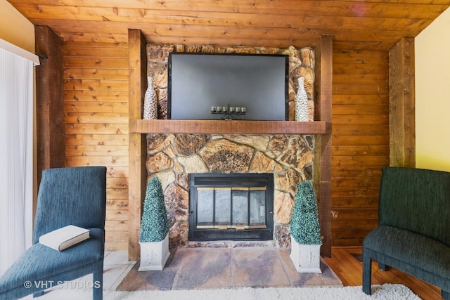 37756 N Cedar Lake Rd, Lake Villa, IL 60046 - detailed view of wood ceiling, wooden walls, a fireplace, and wood finished floors