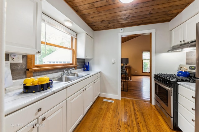 37756 N Cedar Lake Rd, Lake Villa, IL 60046 - kitchen featuring stainless steel gas range, under cabinet range hood, wooden ceiling, light wood-style floors, and plenty of natural light