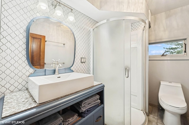 5207 Barnard Mill Rd, Ringwood, IL 60072 - full bath featuring vanity, a stall shower, wallpapered walls, and tile patterned floors