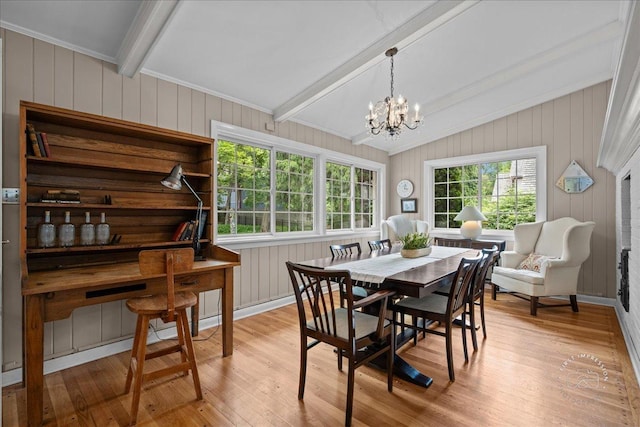 705 Meadows Rd, Geneva, IL 60134 - dining space featuring light wood-style flooring, a chandelier, and wooden walls