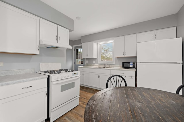 1013 Oakwood Dr, Round Lake Beach, IL 60073 - kitchen featuring white appliances, under cabinet range hood, a sink, wood finished floors, and white cabinets