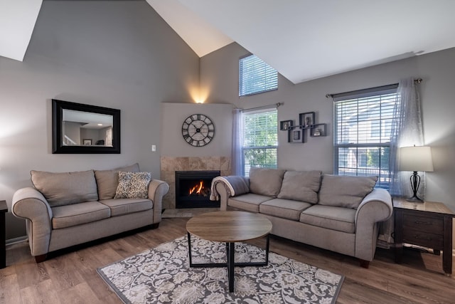 5239 Diamond Dr Unit B, Oak Forest, IL 60452 - living area featuring wood finished floors, high vaulted ceiling, and a high end fireplace