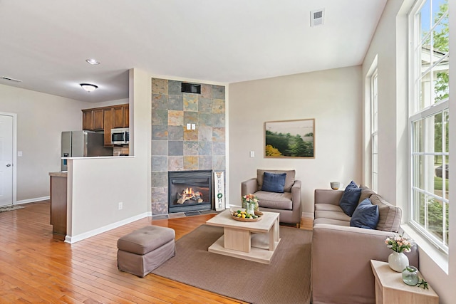 101 E Robinson Ave, Cortland, IL 60112 - living area featuring healthy amount of natural light, light wood-type flooring, a fireplace, and baseboards