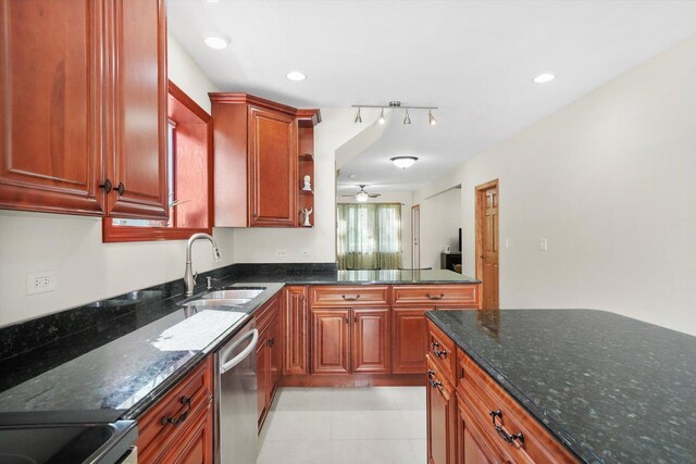 7050 26th Pkwy, Berwyn, IL 60402 - kitchen featuring stainless steel dishwasher, dark stone countertops, a sink, a ceiling fan, and recessed lighting