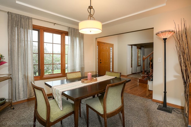 14822 S Eagle Ridge Dr, Homer Glen, IL 60491 - dining room featuring baseboards, stairway, a raised ceiling, and carpet flooring