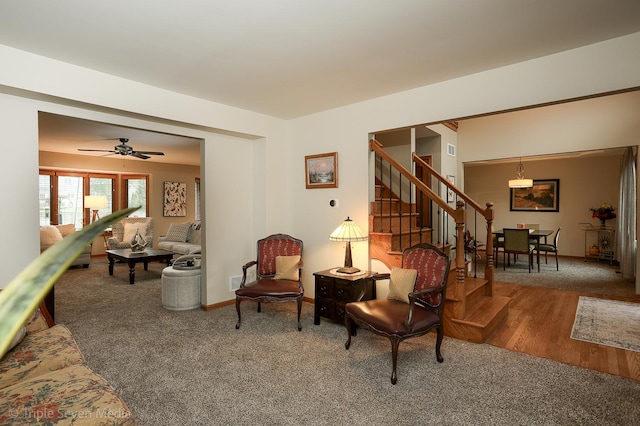 14822 S Eagle Ridge Dr, Homer Glen, IL 60491 - living room with stairway, carpet flooring, ceiling fan, and baseboards