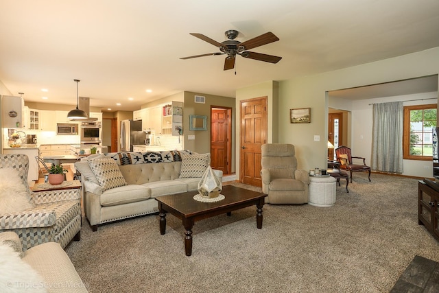 14822 S Eagle Ridge Dr, Homer Glen, IL 60491 - living room featuring ceiling fan, carpet floors, and recessed lighting