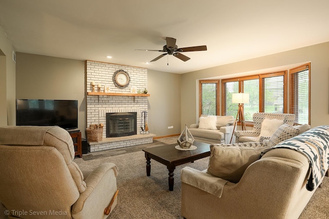 14822 S Eagle Ridge Dr, Homer Glen, IL 60491 - carpeted living room featuring a fireplace, a ceiling fan, recessed lighting, and baseboards