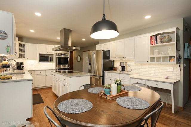 14822 S Eagle Ridge Dr, Homer Glen, IL 60491 - kitchen featuring stainless steel appliances, island exhaust hood, backsplash, white cabinets, and recessed lighting