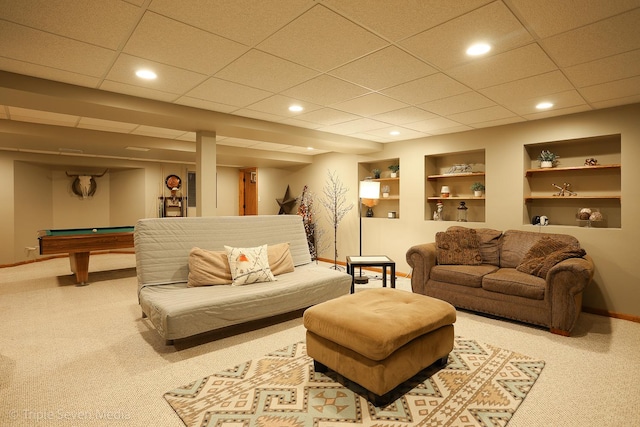 14822 S Eagle Ridge Dr, Homer Glen, IL 60491 - carpeted living room with recessed lighting, baseboards, billiards, and built in shelves