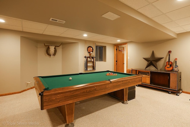 14822 S Eagle Ridge Dr, Homer Glen, IL 60491 - rec room featuring a drop ceiling, light colored carpet, billiards, baseboards, and recessed lighting