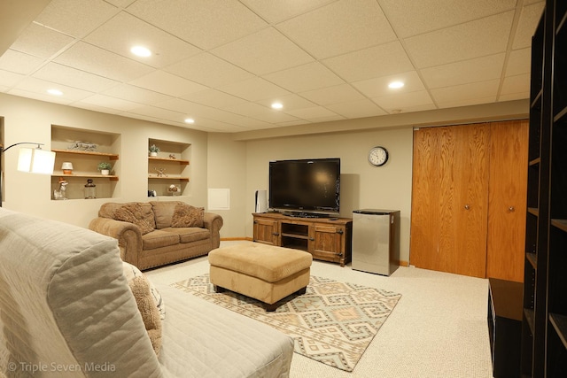 14822 S Eagle Ridge Dr, Homer Glen, IL 60491 - living area featuring light colored carpet, built in features, recessed lighting, a drop ceiling, and baseboards
