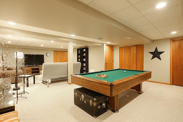 14822 S Eagle Ridge Dr, Homer Glen, IL 60491 - rec room with light carpet, billiards table, recessed lighting, a drop ceiling, and baseboards