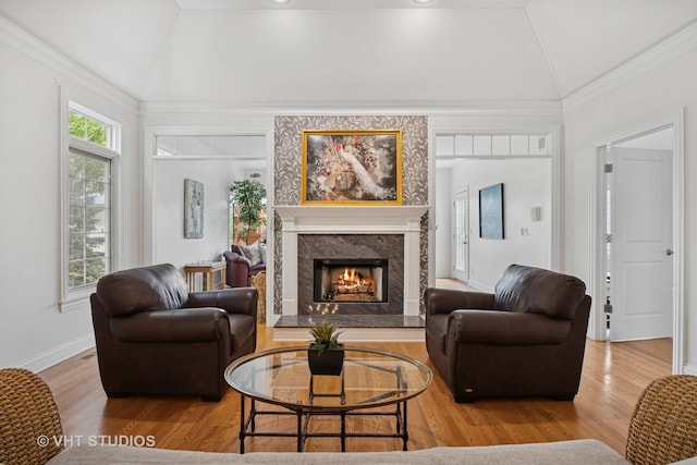 4224 Weatherstone Rd, Crystal Lake, IL 60014 - living room with lofted ceiling, a fireplace, wood finished floors, and baseboards