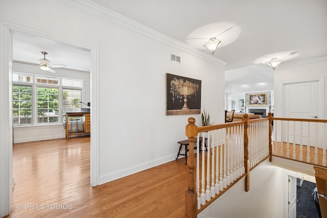 4224 Weatherstone Rd, Crystal Lake, IL 60014 - hall with an upstairs landing, light wood-style flooring, crown molding, and baseboards