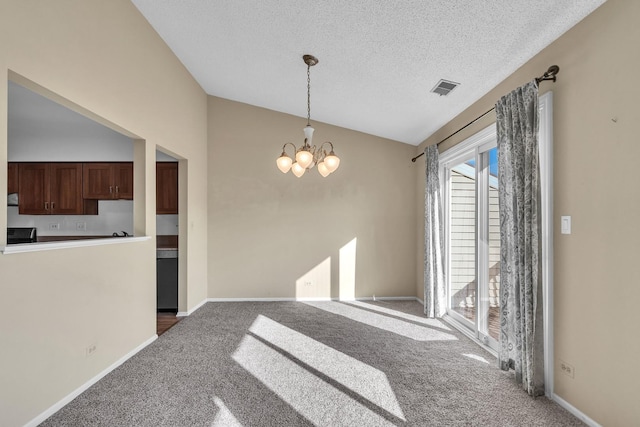 143 W Fabish Dr Unit 143, Buffalo Grove, IL 60089 - unfurnished dining area with lofted ceiling, carpet, a chandelier, and a textured ceiling