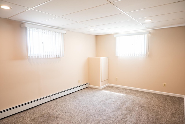 207 Muehl Dr, Lockport, IL 60441 - spare room featuring a baseboard radiator, carpet floors, recessed lighting, baseboards, and a drop ceiling