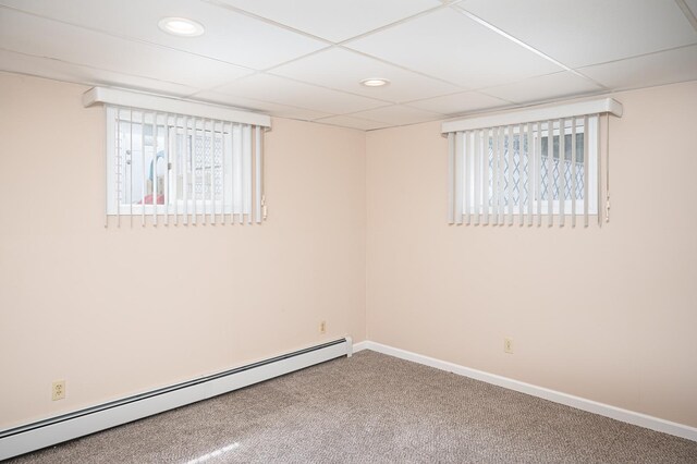 207 Muehl Dr, Lockport, IL 60441 - unfurnished room featuring a baseboard heating unit, recessed lighting, carpet floors, baseboards, and a paneled ceiling