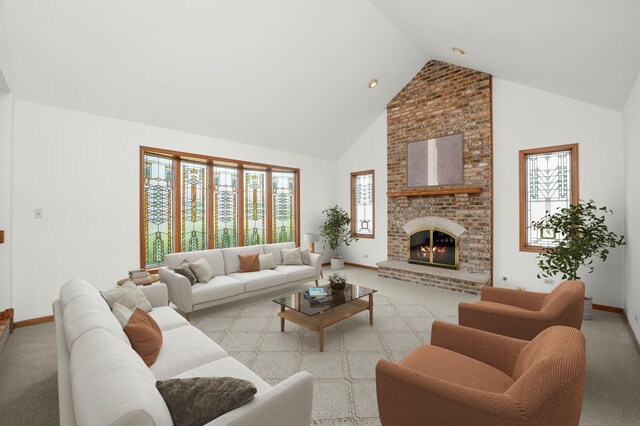 living room with high vaulted ceiling, healthy amount of natural light, and light colored carpet